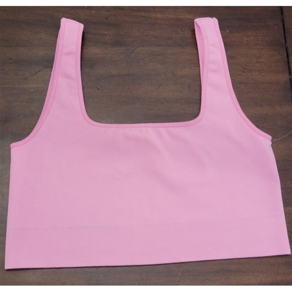 NEW NUX XL Sleek Square Crop Top Microfiber Ribbed Sports Bra Pink #109746